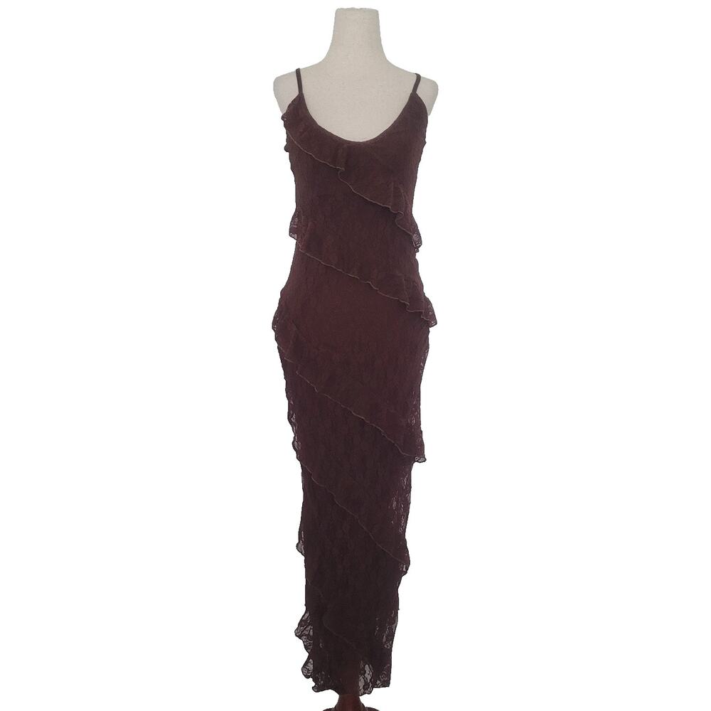 Unbranded Floral Lace Asymmetric Ruffle Maxi Dress M Brown Fairy Boho Romantic